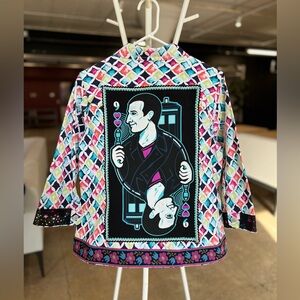 Doctor WHO patchwork collage upcycled Jean jacket jewel tones size L